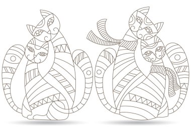 Gökkuşağı kedileri ile renklendirilmiş cam çevre elementleri, beyaz arkaplanda izole edilmiş ana hatlar