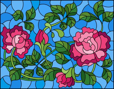 Mavi arka planda birbirine dolanmış pembe güller ile boyalı cam tarzında resim, yatay yönelim