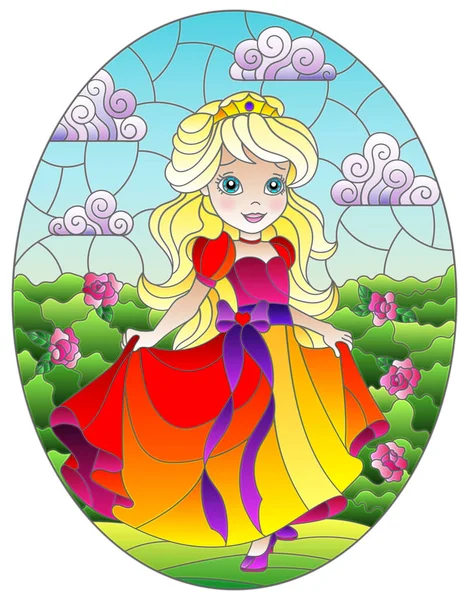 Illustration Style Vitrail Avec Une Jolie Princesse Sur Fond Fleurs — Image vectorielle