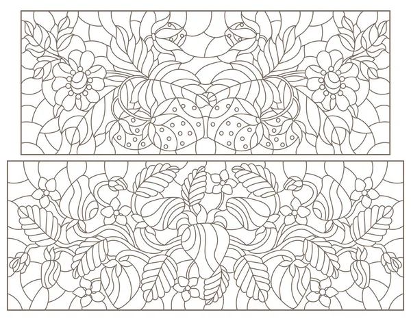 Set Contour Illustrations Stained Glass Style Strawberry Lotus Dark Outline — Stock Vector