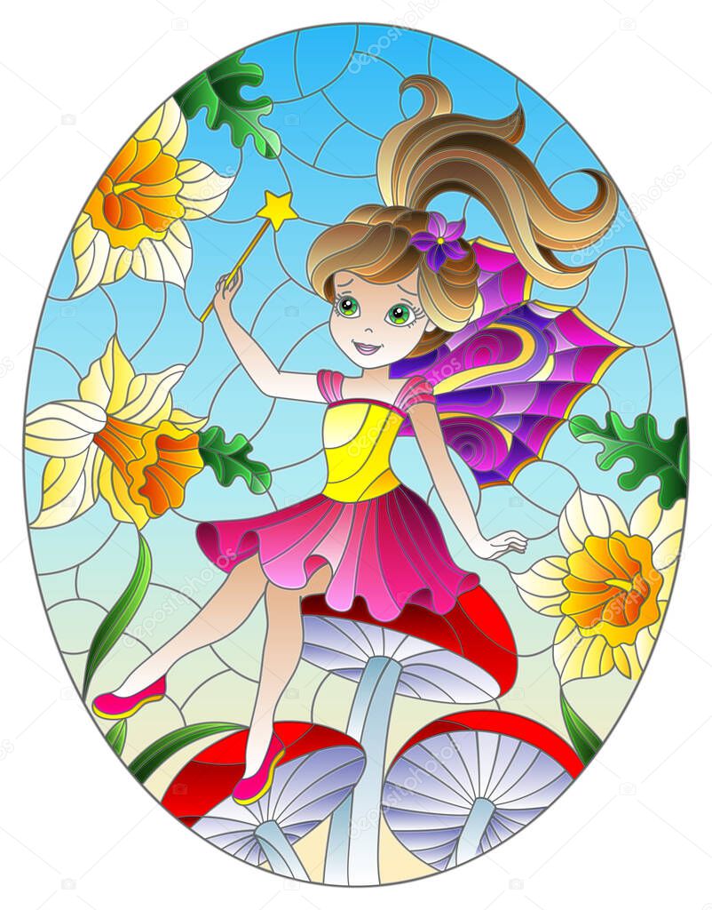 Illustration in stained glass style with cute cartoon fairy in a bright  dress on the background of flowers ,  sky and mushrooms, oval image