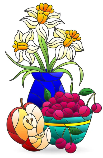 Ilustração Estilo Vitral Com Vida Tranquila Jarro Com Flores Frutas —  Vetores de Stock