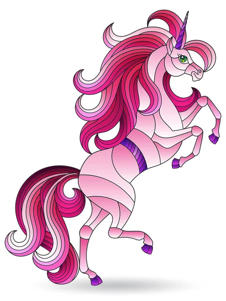 Stained Glass Illustration Bright Pink Unicorn Isolated White Background — Stock Vector