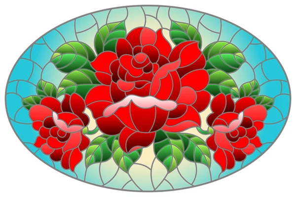 Illustration Vitrail Avec Bouquet Roses Rouges Sur Fond Bleu Image — Image vectorielle