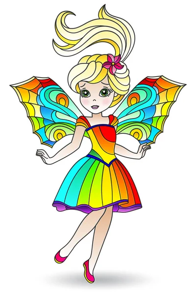 Illustration Stained Glass Style Cartoon Winged Fairy Bright Dress Isolated — Stock Vector