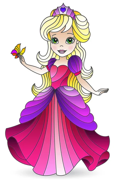 Illustration Glasmalereistil Einer Cartoon Prinzessin Einem Hellen Kleid Isoliert Auf — Stockvektor