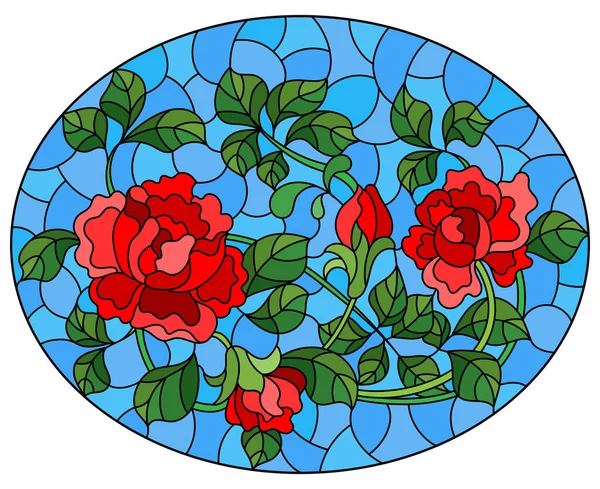 Illustration Vitrail Avec Des Roses Rouges Entrelacées Sur Fond Bleu — Image vectorielle