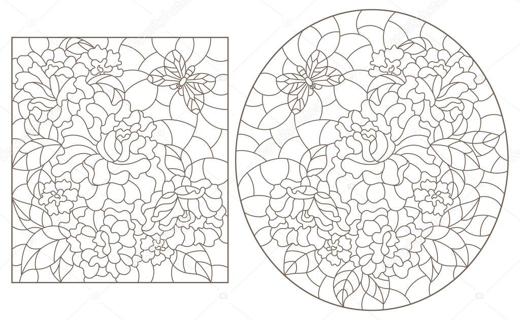 Set of contour illustrations of stained glass Windows with roses and butterflies, dark outlines on a white background