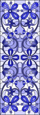 Soyut çiçekleri, açık arkaplanda girdapları ve yaprakları, dikey yönelimi, ton mavisi