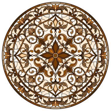 Boyalı cam tarzında bir resim, çiçek süsleri ve girdaplı yuvarlak ayna görüntüsü, kahverengi ton, sepia 