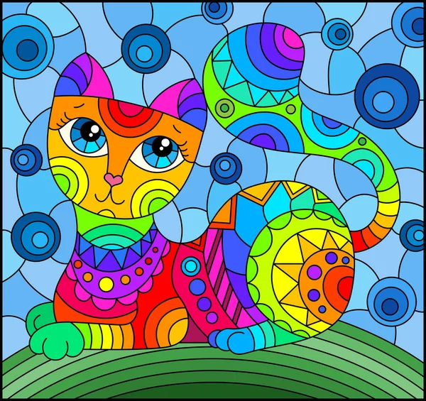 Ilustración Estilo Vidriera Con Gato Arco Iris Lindo Abstracto Sobre — Vector de stock