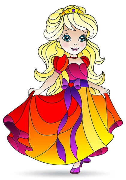 Illustration Stained Glass Style Cartoon Princess Bright Dress Isolated White — Stock Vector