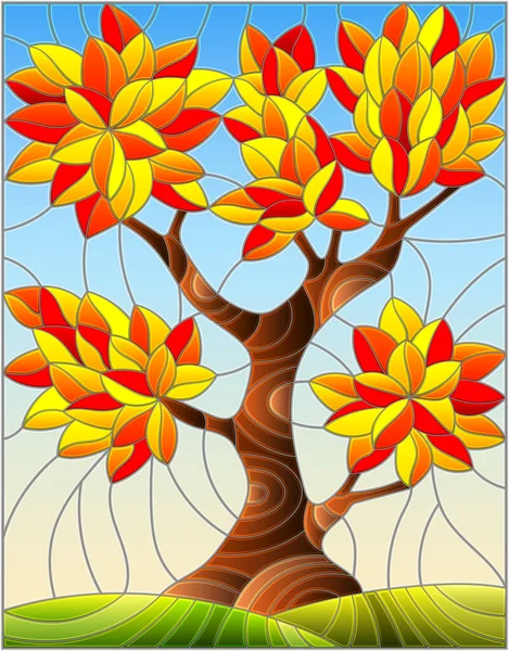 Illustration Dans Style Vitrail Avec Automne Arbre Lumineux Sur Fond — Image vectorielle