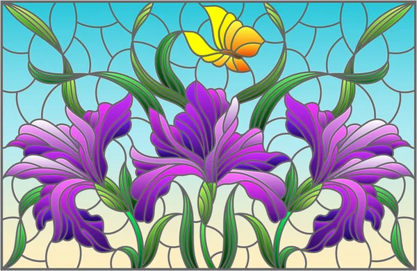 Ilustración Estilo Vitral Con Ramo Iris Púrpura Mariposas Amarillas Sobre — Archivo Imágenes Vectoriales