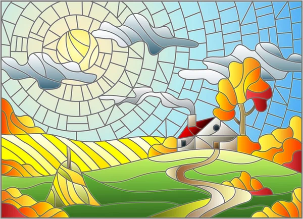 Illustration Stained Glass Style Landscape Lonely House Field Sun Sky — Stock Vector