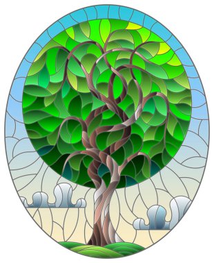 Bulutlu gökyüzünün arka planında soyut, yuvarlak, yeşil bir ağaçla boyalı cam tarzında bir resim, oval resim