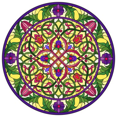 Renkli cam tarzında resim, çiçek süsleri ve girdaplı yuvarlak ayna görüntüsü, sarı arkaplanda parlak çiçekler.