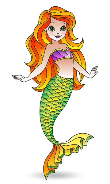 Ilustración Estilo Vidriera Con Una Linda Chica Sirena Dibujos Animados — Vector de stock