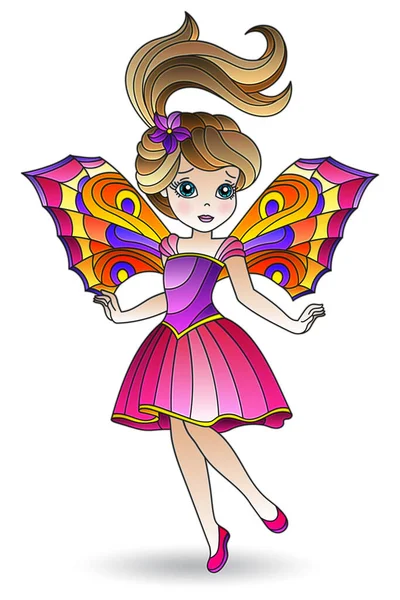 Illustration Stained Glass Style Cartoon Winged Fairy Bright Dress Isolated — Stock Vector