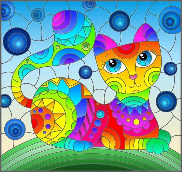 Illustration Glasmalereistil Mit Abstrakter Niedlicher Regenbogenkatze Auf Blauem Hintergrund — Stockvektor