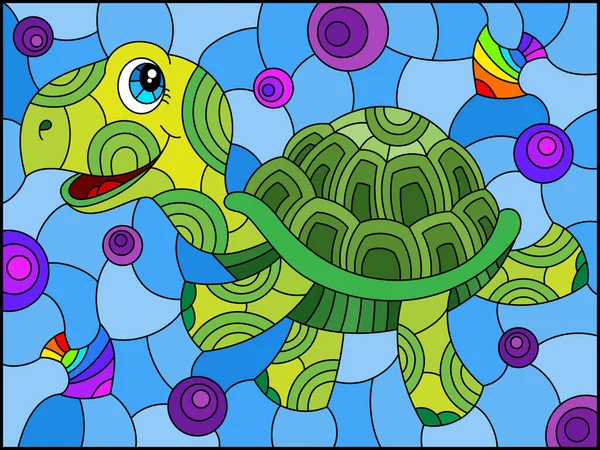 Färgad Glas Illustration Med Rolig Grön Tecknad Sköldpadda Blå Bakgrund — Stock vektor