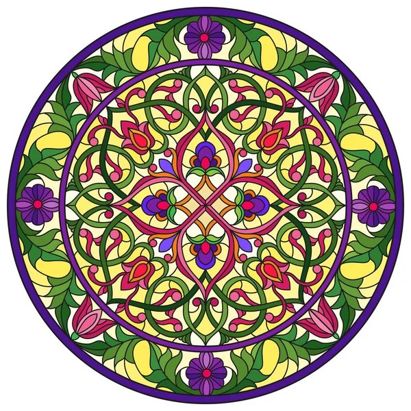 Renkli cam tarzında resim, çiçek süsleri ve girdaplı yuvarlak ayna görüntüsü, sarı arkaplanda parlak çiçekler.