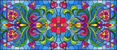 Mavi arka planda soyut girdaplar, çiçekler ve yapraklar ile boyalı cam tarzında resim, yatay yönelim