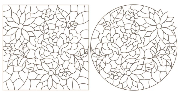 Conjunto Ilustraciones Contorno Estilo Vitral Con Flores Contornos Oscuros Sobre — Vector de stock