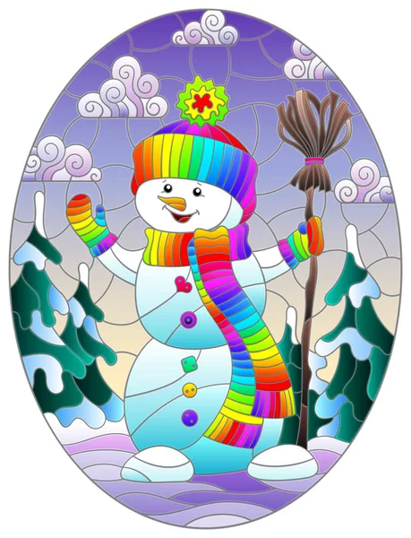 Ілюстрація Стилі Вітража Тему Зимових Канікул Веселий Мультиплікаційний Сніговик Капелюсі — стоковий вектор