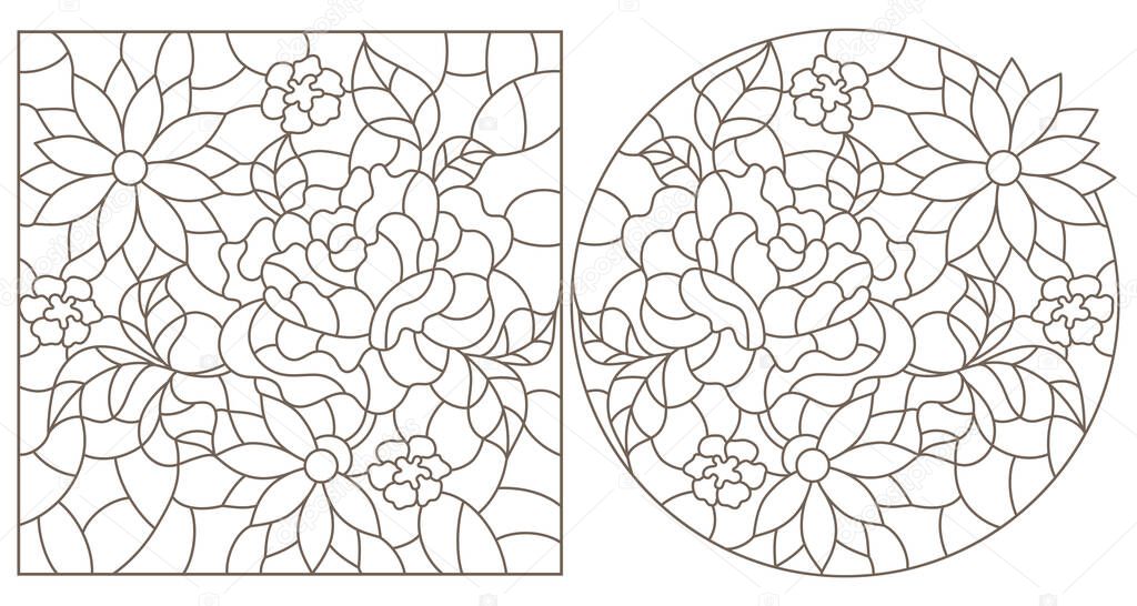 Set of contour illustrations in stained glass style with flowers , dark outlines on a white background