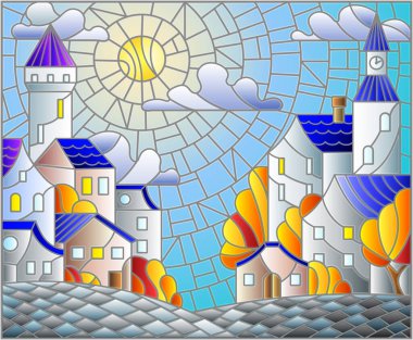 Gökyüzüne ve güneşe karşı renklendirilmiş cam tarzı, kentsel sonbahar manzarası, çatılar ve ağaçlar.