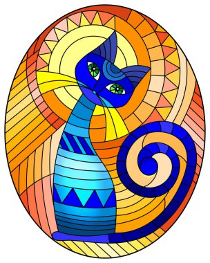 Soyut geometrik mavi kedi ve soyut turuncu arkaplan üzerinde güneş ve oval görüntü ile boyalı cam tarzında bir resim