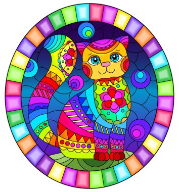 Mavi arka planda soyut sevimli gökkuşağı kedisiyle boyalı cam tarzında resim, parlak çerçeveli oval resim