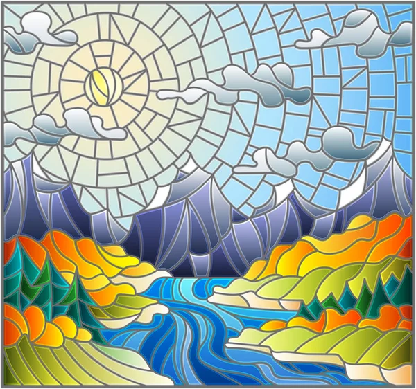 Illustration Glasmalereistil Mit Dem Mäandernden Fluss Vor Einem Hintergrund Von — Stockvektor