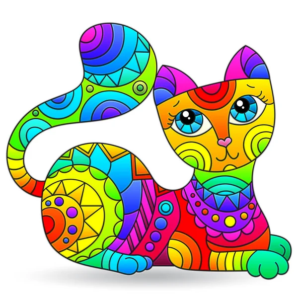 Set Stained Glass Elements Rainbow Cat Isolated Image White Background — Stock Vector