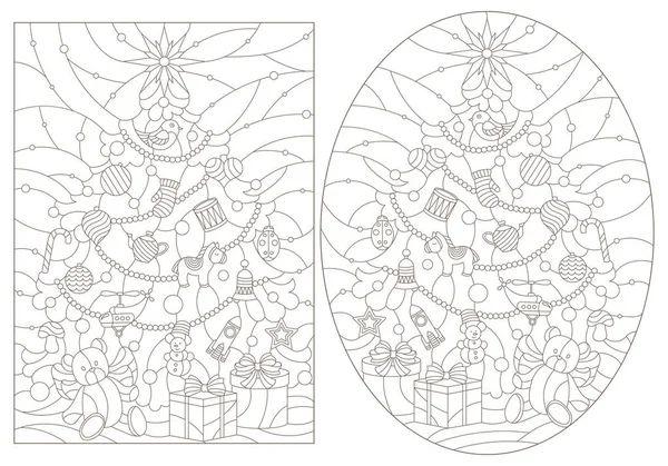 Contour Illustrationer Ett Färgat Glasfönster Med Julgran Och Leksaksbjörn Mörka — Stock vektor