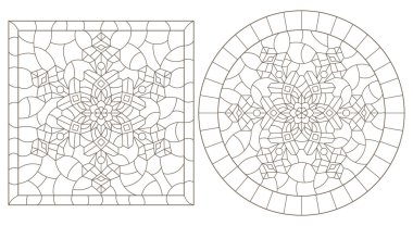 Kar taneleri, yuvarlak ve kare görüntüler, beyaz arkaplanda koyu çizgiler ile renklendirilmiş cam tarzında çizimler