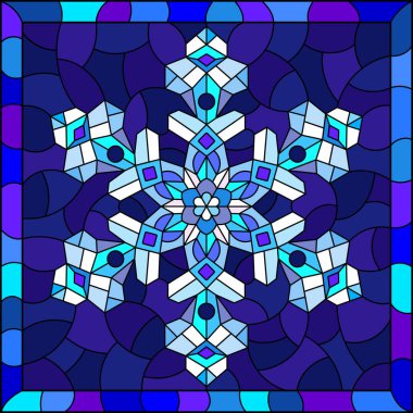 Mavi arkaplan üzerinde bir açılış işi kar tanesi, parlak çerçeveli kare resim ile boyalı cam tarzında bir resim
