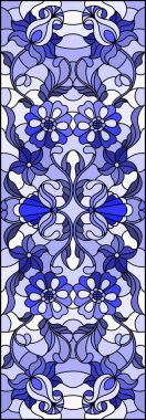 Soyut çiçekleri, açık arkaplanda girdapları ve yaprakları, dikey yönelimi, ton mavisi