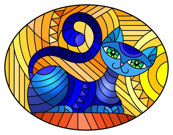 Illustration Vitrail Avec Chat Bleu Géométrique Abstrait Soleil Sur Fond — Image vectorielle