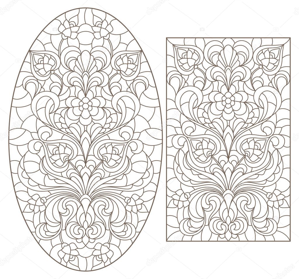Set contour illustrations of stained glass with abstract swirls and flowers , vertical orientation, dark contours on a white background