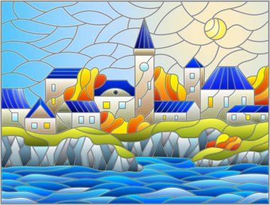 Gündüz gökyüzü ve güneşin arka planında nehir ve şehir ile boyalı cam tarzında bir resim