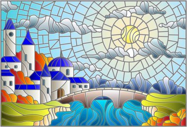 Eski şehirle boyalı cam tarzında bir resim ve arkasında dağlar olan bir nehir üzerinde köprü, bulutlu gökyüzü ve güneş, sonbahar manzarası.