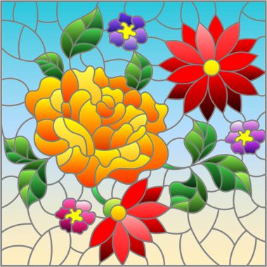 Mavi arkaplanda parlak bir çiçek düzeniyle boyalı cam tarzında resim, kare kare resim