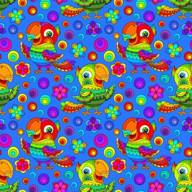 Parlak muhabbet kuşlarıyla kusursuz desen ve mavi bir arkaplanda vitray şeklinde çiçekler. 