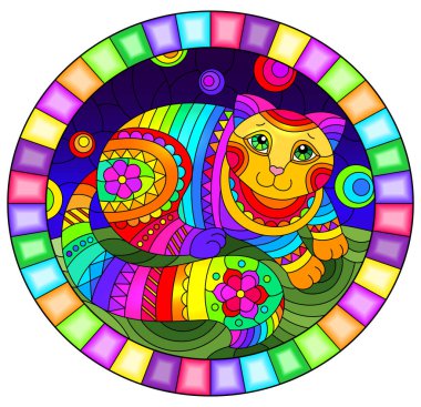 Gökyüzü arka planında soyut şirin gökkuşağı kedisi olan boyalı cam tarzında bir resim, parlak çerçeveli oval resim