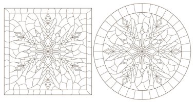 Kar taneleri, yuvarlak ve kare görüntüler, beyaz arkaplanda koyu çizgiler ile renklendirilmiş cam tarzında çizimler