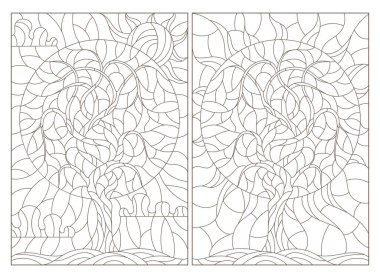 Boyalı camların dış hatlarını ağaçların görüntüsüyle, beyaz zemin üzerindeki koyu çizgilerle belirleyin