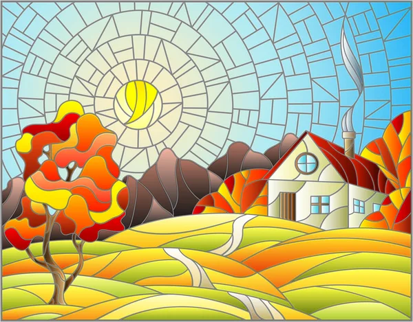 フィールド 太陽と空の中に孤独な家とステンドグラススタイルの秋の風景のイラスト — ストックベクタ