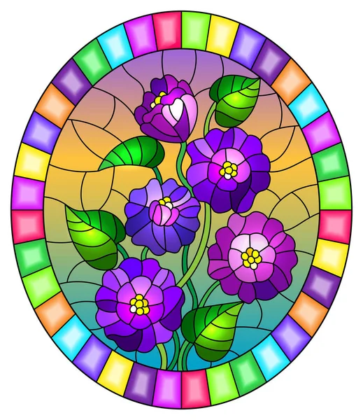 Illustration Stained Glass Style Bouquet Purple Tsiniya Flowers Oval Image — Stock Vector